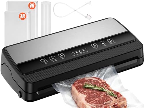 Professional 85Kpa Vacuum Sealer, Vacuum Machine with Vacuum Tube/Bag Storage/Cutting Blade, Includes 40 Bags and 1 Roll 28 x 600 cm Bags, for Dry/Soft/Wet Foods