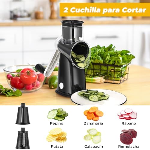 Cheese Grater, Mandoline Vegetable Grater with 5 Interchangeable Drum Blades, Time Saving Manual Vegetable Cutter, Vegetable Grater for Cheese, Cucumber, Carrot, Potato