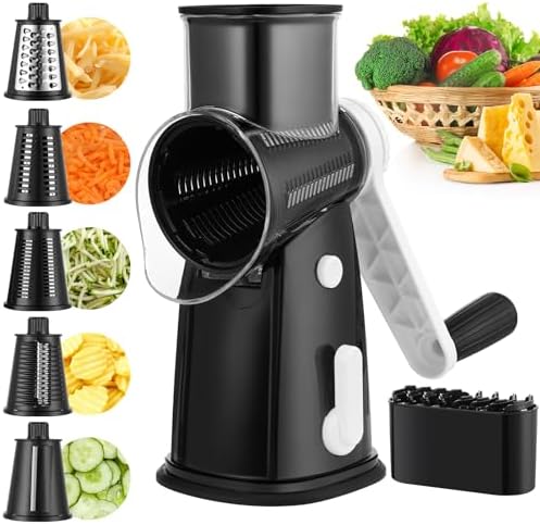 Cheese Grater, Mandoline Vegetable Grater with 5 Interchangeable Drum Blades, Time Saving Manual Vegetable Cutter, Vegetable Grater for Cheese, Cucumber, Carrot, Potato