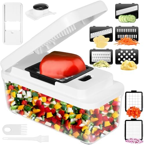 Mandoline Vegetable Cutter, Multifunctional Vegetable Cutter, Manual Vegetable Cutter with 7 Interchangeable Stainless Steel Blades, Vegetable Chopper for Onion, Carrot, Potato and Cucumber