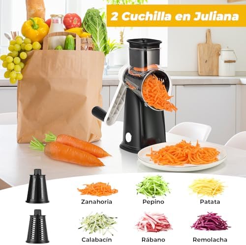 Cheese Grater, Mandoline Vegetable Grater with 5 Interchangeable Drum Blades, Time Saving Manual Vegetable Cutter, Vegetable Grater for Cheese, Cucumber, Carrot, Potato