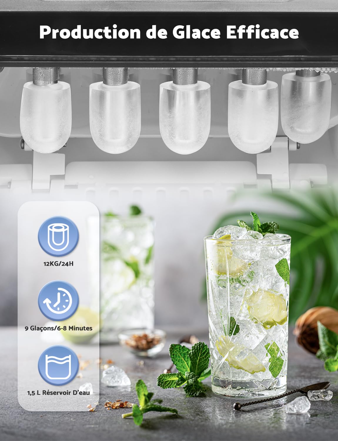 Ice Maker, 12kg in 24h, 9 Ice Cubes in 6-8 Minutes, Ice Maker with Reversible Ice Spoon and Carry Handle, for Home/Kitchen/Camping