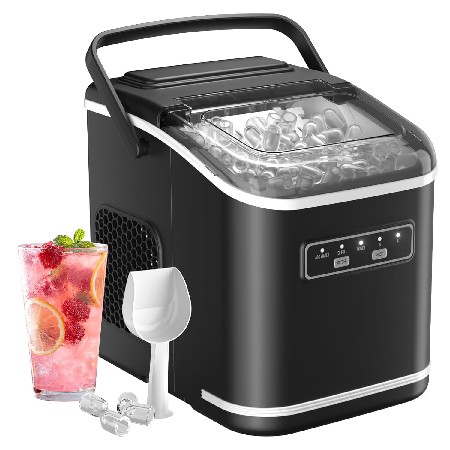 Ice Machine 12 kg/24 h, Self-Cleaning Home Ice Machine 1.5 L, Silent Ice Maker 9 Cubes in 6 Minutes, Ice Maker with Handle/Scoop/Basket, Black