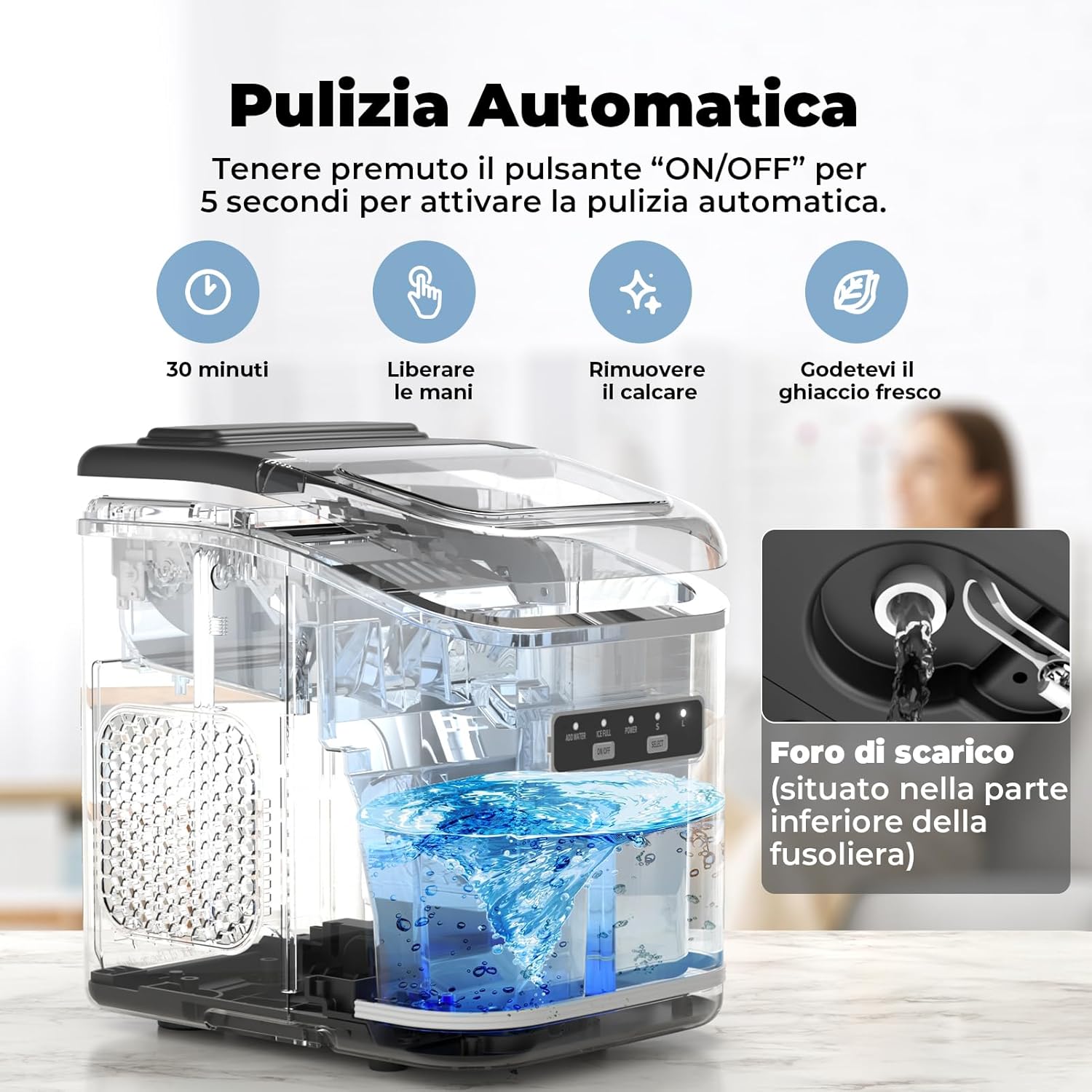 Ice Machine 12 kg/24 h, Self-Cleaning Home Ice Machine 1.5 L, Silent Ice Maker 9 Cubes in 6 Minutes, Ice Maker with Handle/Scoop/Basket, Black