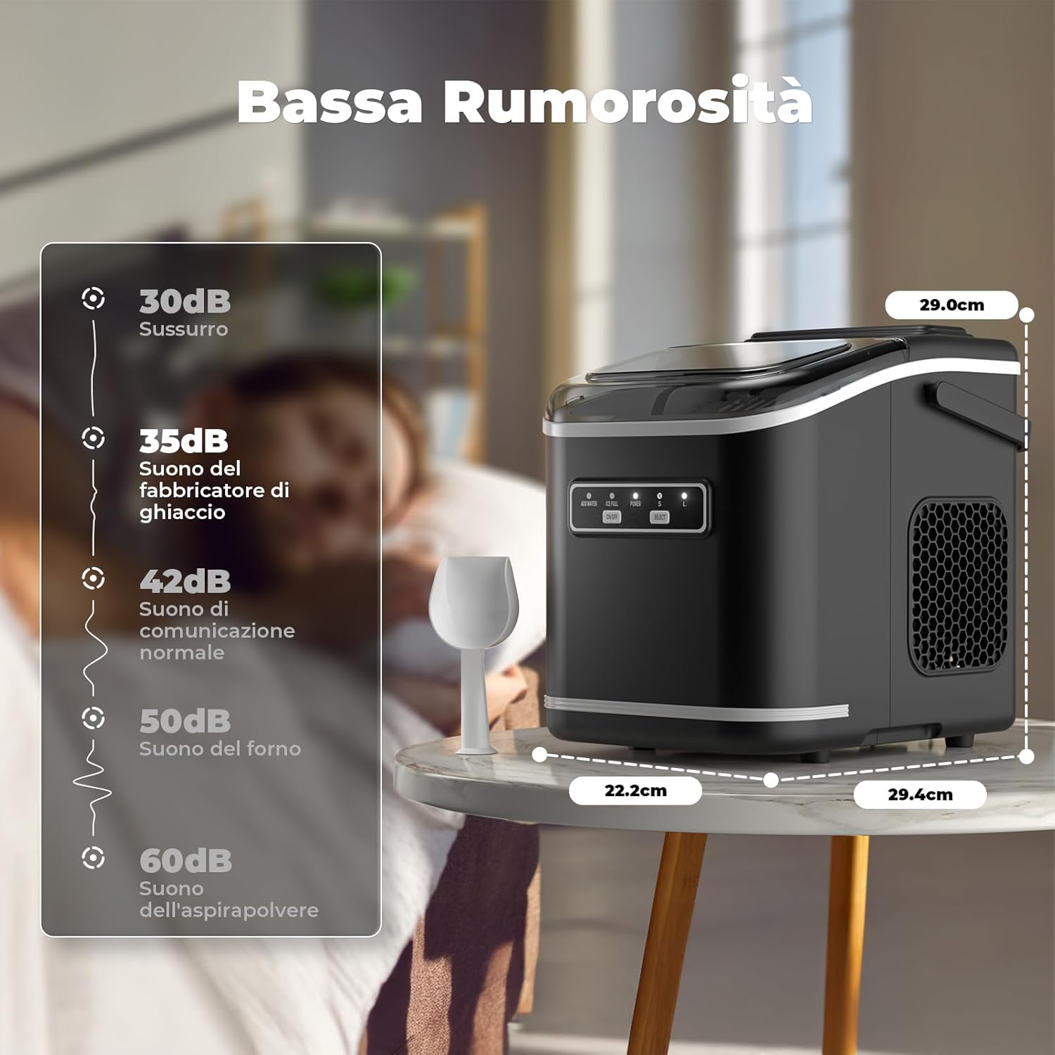 Ice Machine 12 kg/24 h, Self-Cleaning Home Ice Machine 1.5 L, Silent Ice Maker 9 Cubes in 6 Minutes, Ice Maker with Handle/Scoop/Basket, Black